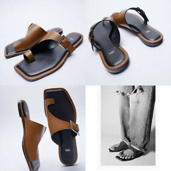 NWT ZARA Asymmetric Flat Genuine Leather Sandals With Buckler - Picture 6 of 7